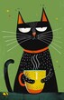 Black dreamy cat with a cup of coffee, stylish naive primitive hand drawing
