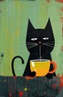 Black dreamy funny sleepy cat with a cup of coffee, stylish naive primitive hand drawing