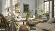 farmhouse inspired living room with distressed wood furniture, vintage textiles, and fresh, botanical accents