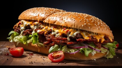 Wall Mural - Delicious cheeseburger with melted cheese, lettuce, and tomatoes