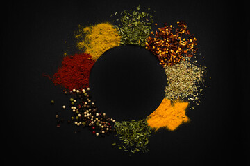 Wall Mural - Curry pile, caribbean spice blend, mix ground turmeric, fenugreek, coriander, ginger, cumin, allspice, chili, nutmeg, cardamom on isolated black, top view