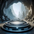 Futuristic round podium or pedestal in a mysterious cave, display or showcase mockup for product presentation