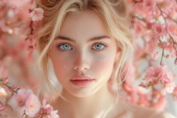 Wall Mural - A captivating close-up of a blonde woman's face framed by vibrant pink flowers