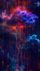 Wall Mural - Cyber cloudscape over digital cityscape