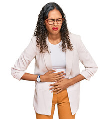 Wall Mural - Young african american girl wearing business clothes with hand on stomach because indigestion, painful illness feeling unwell. ache concept.