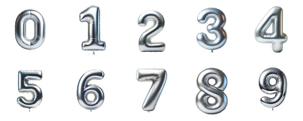 3D Render of silver inflatable foil baloons set. Bright party decoration figures. silver numbers isolated on white background.	