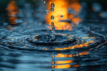 Poster - An extraordinary close-up of water droplets falling into a pool of water, with an orange bokeh light background creating a warm ambiance