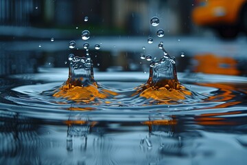 Poster - Eye-catching close-up of water droplets reflecting vibrant, warm hues with dynamic splashes and ripples on the surface