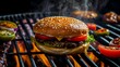 Classic cheeseburger with sesame bun, crispy fries, and fresh vegetables steaming on a grill