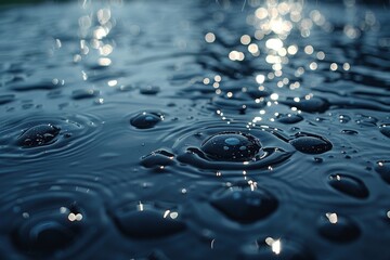 Poster - Water droplets glisten with reflective sunlight at dusk, creating a calming blue tone across the surface