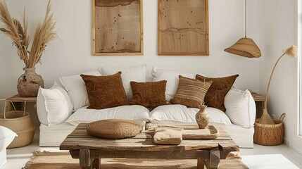 Boho ethnic home interior design. Rustic coffee table and sofa with brown pillows with two poster frames.