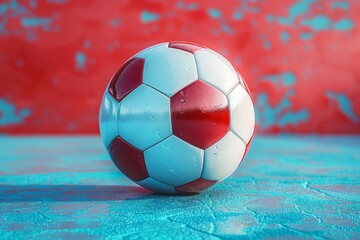 A vibrant image capturing a shiny red and white soccer ball against a contrasting blue textured background, symbolizing sports and competition