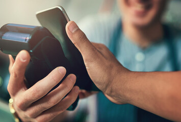 Coffee shop, pos and hand with phone in payment for commerce, digital wallet and customer experience. Cafe, barista and people with mobile banking for small business, service and cashless transaction