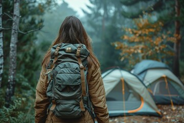 Wall Mural - A female hiker with a large backpack stands facing a campsite with tents among autumn trees in a tranquil forest setting