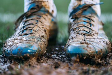 Wall Mural - Close-up shot of muddy and well-used soccer cleats