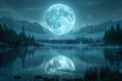 The ethereal glow of a full moon casting its silver light over a tranquil lake, creating a mesmerizing reflection. Concept of nocturnal beauty. Generative Ai.