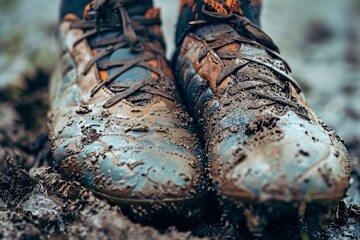 Wall Mural - Close-up of muddy and worn soccer shoes