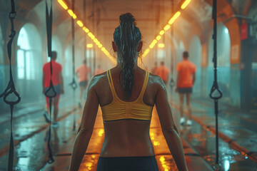 Poster - A group of individuals participating in a circuit training session, rotating through different exercise stations for a full-body workout. Concept of circuit training. Generative Ai.