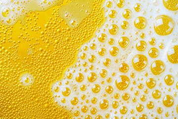 Poster - Close-up of vibrant yellow water droplets on a smooth surface, creating an abstract texture of circular shapes with varying sizes and reflections, suitable for backgrounds or pattern designs