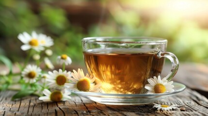 Wall Mural - A Cup of Tea With Daisies on a Wooden Table