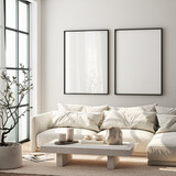 Fototapeta Panele - Frame mockup, ISO A paper size. Living room wall poster mockup. Interior mockup with house background. Modern interior design. 3D render
