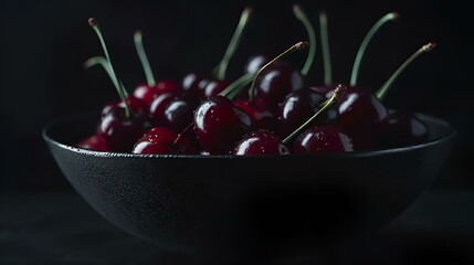 Canvas Print - AI generated illustration of a dark cherry placed in a red bowl on a table