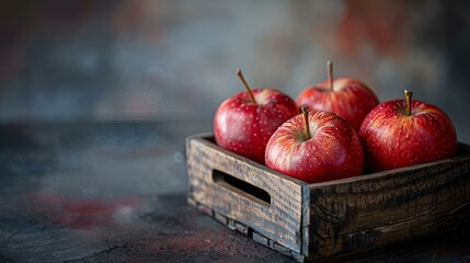 Canvas Print - AI generated illustration of a weathered wooden crate holds six ripe red apples in a grassy setting