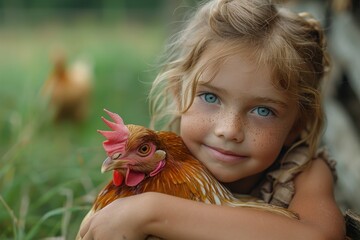 a young girl with striking blue eyes embraces a red chicken, giving a sense of rural life