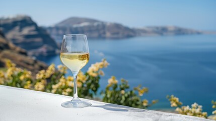 a glass of white wine on white concrete 