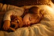 An intimate shot of a sleeping toddler cuddling with a dozing puppy, bathed in the warm glow of a nightlight, conveying a sense of companionship and security