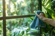 An intimate shot capturing someone polishing a crystal-clear windowpane with a blue microfiber cloth, framed by lush greenery outside, evoking a sense of clarity and tranquility
