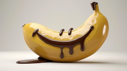 banana, chocolate melted, smile emoji cartoon illustration, 3d render, isolated on white background