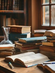 Poster - A table by a window is adorned with a plethora of books, creating a cozy and inspiring reading nook. Generative AI