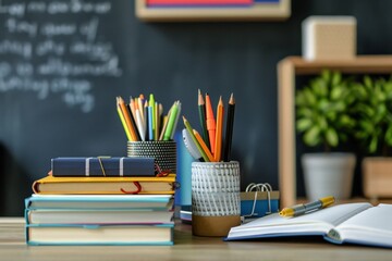 Leinwandbilder - A cluster of colorful books and sharpened pencils neatly arranged on a wooden desk, creating a harmonious blend of creativity and intellect. Generative AI