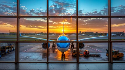 Sticker - Design an aerial depiction of airport terminal gates and jet bridges, with ground crews marshalling planes into position for boarding