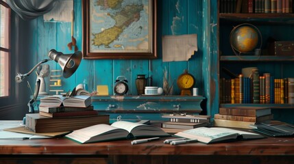 Fototapete - A wooden desk adorned with books, a glowing lamp, and a detailed map, creating a cozy and intellectual setting. Generative AI