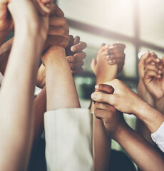 Poster - Business people, holding hands and group solidarity with support for team building, help or collaboration. Partnership, fingers and corporate trust for staff union or colleagues, goal or agreement