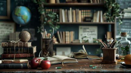 Poster - A wooden table is covered with a variety of books, creating a captivating display that invites exploration and discovery. Generative AI