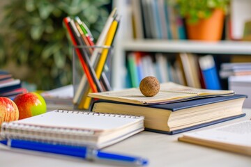 Poster - A table adorned with colorful books and a crisp apple, inviting readers to dive into a world of knowledge and imagination. Generative AI