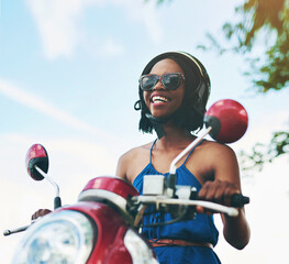 Poster - Black woman, scooter and smile outside with helmet for fun in summer on vacation or holiday with happiness. Joy, vehicle and travel with safety in nature with tourist in France, cheerful and sunshine