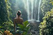 A woman admiring a cascading waterfall in a lush jungle, with mist rising from the pool below, surrounded by towering trees and vibrant flora, feeling the power and beauty of nature