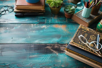 Poster - A table adorned with a colorful array of books and glasses, inviting readers to delve into an inspiring world of knowledge and imagination. Generative AI