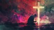 © Jelena - devout christian man kneeling in prayer before a glowing cross jesus silhouette in the background digital watercolor