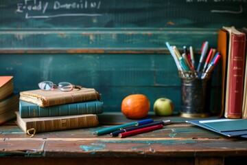 Leinwandbilder - A tall, precarious stack of books perched on a rustic wooden table, creating a scene of literary abundance and scholarly pursuits. Generative AI