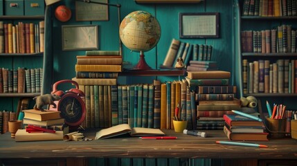 Aufkleber - A cozy room filled with shelves of books, a wall clock ticking away, inviting readers to get lost in literary worlds. Generative AI