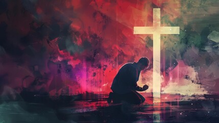 Canvas Print - devout christian man kneeling in prayer before a glowing cross jesus silhouette in the background digital watercolor