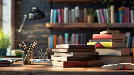 Aufkleber - A stack of books placed carefully on a rustic wooden table, creating a captivating display of literature and learning. Generative AI