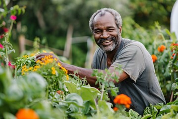 A man with a proud smile tending to his vegetable garden, surrounded by greenery and colorful blooms, with the warm sun on his face and the earthy scent of soil in the air