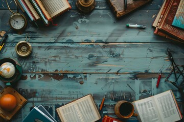 Aufkleber - A beautifully curated table adorned with assorted books, pens, and other educational supplies, creating a cozy and inviting atmosphere. Generative AI