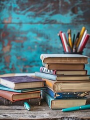Aufkleber - A stack of books rests precariously atop a rustic wooden table, with pages fluttering in the breeze. Generative AI